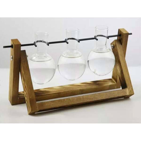 Afbeelding van Planten Vaasjes Terrarium Stekjes - Houder van hout met glas - Hydrocultuur Bolvaasjes Standaard Plantenrek -