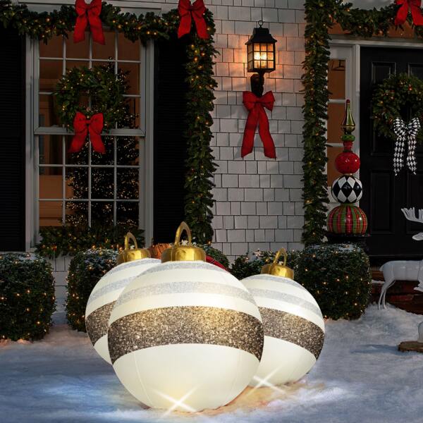 Afbeelding van Kerstverlichting Buiten op Batterijen - Opblaasbare Reuze Kerstbal Verlicht 60 cm - Wit/Bruin - RGB kleuren +