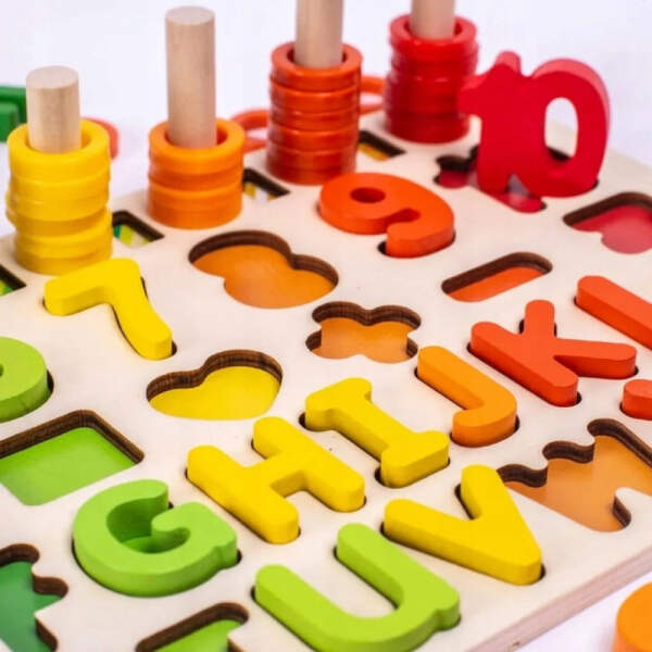 Afbeelding van Visjes Vangen Spel met Letter Puzzel en Telraam - Houten Educatief speelgoed - Vissen vangen Hout - Leren