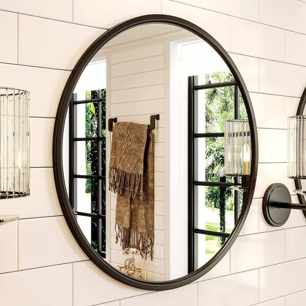 Afbeelding van HSXL - Spiegels - Luxe Ronde Spiegel Zwart - 60 cm Groot - Grote Wandspiegel 60cm Rond met Zwarte Rand -