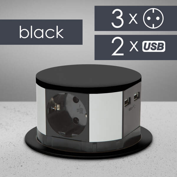 Afbeelding van DELIGHT - Inbouw Pop-Up Tafelblad Stekkerdoos met 2x USB en 3 Stopcontacten - Zwart - Lage inbouwdiepte -