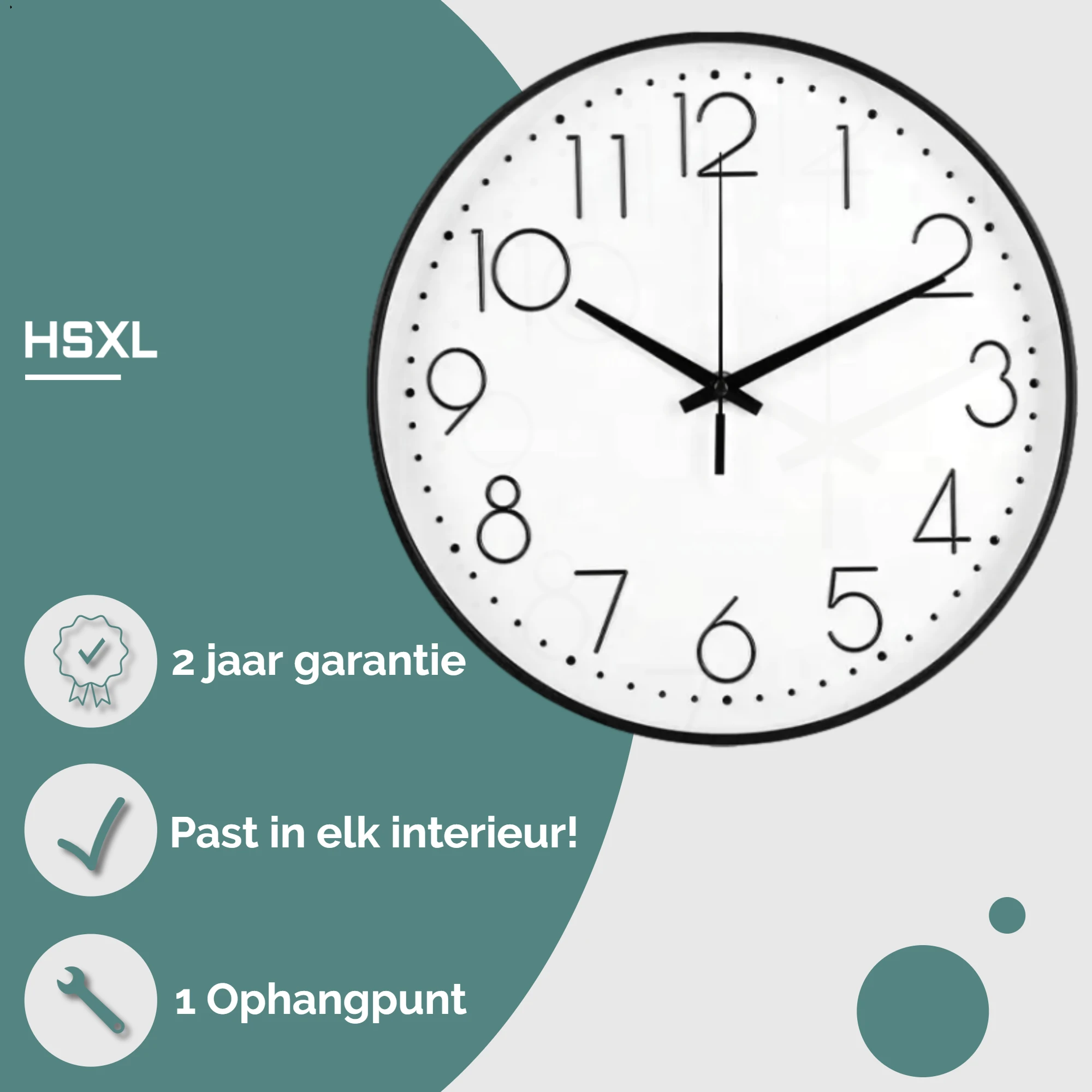 Afbeelding van HSXL - Kleine 30cm Design Wandklok met Stil Quartz Uurwerk - Zwart / Wit - HSM001 - Analoog - Klok Modern -
