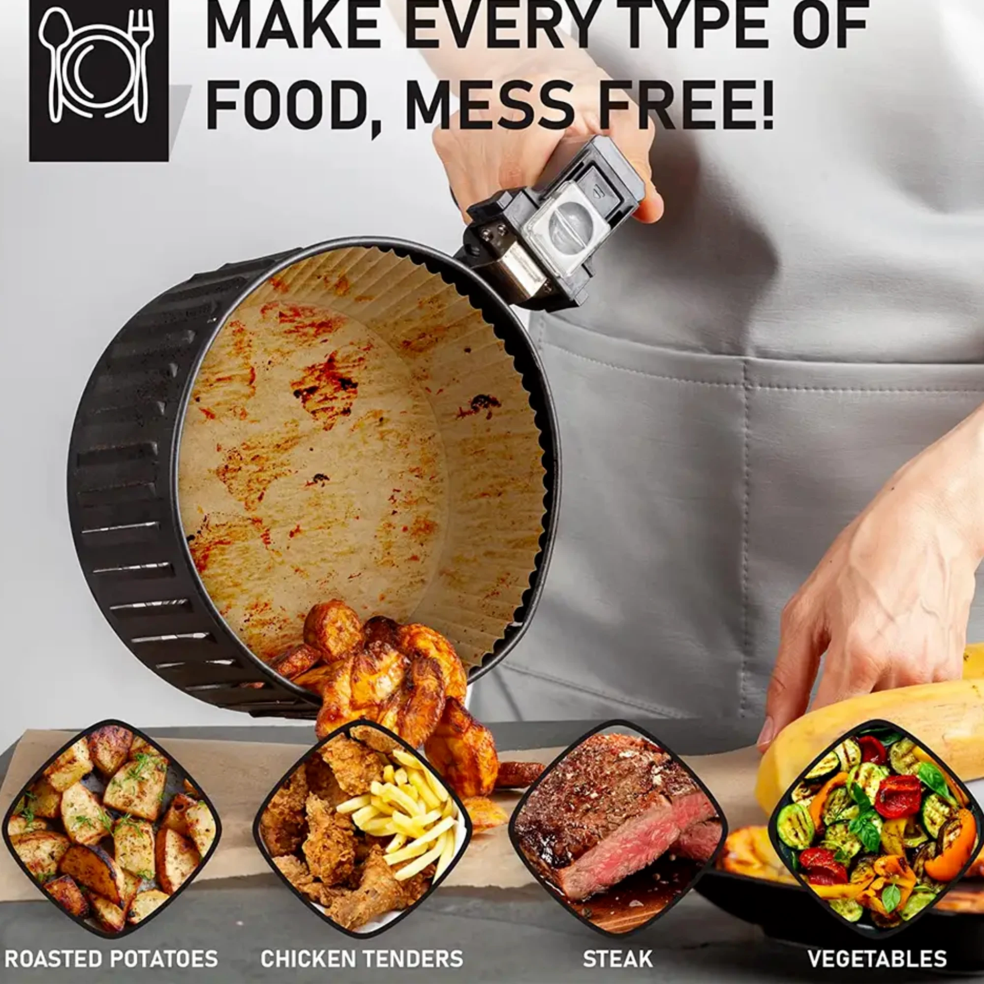 Afbeelding van Bewello Airfryer Bakpapier Rond - 23 cm - Air Fryer Bakpapier XXL - Airfryer Wegwerpbakjes - 50 stuks - 50fb