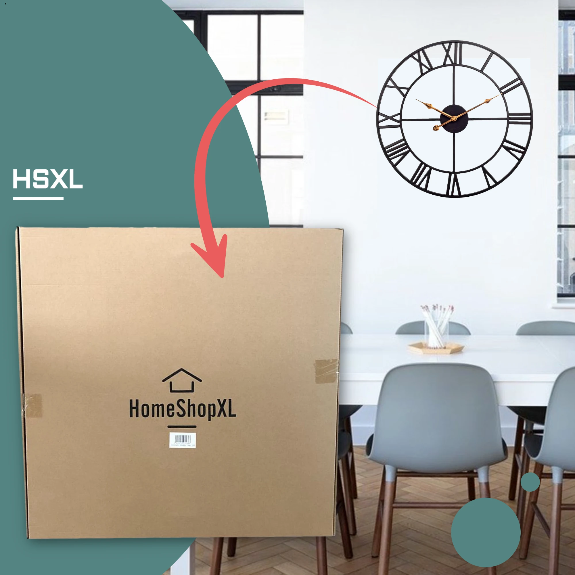 Afbeelding van HSXL - 60cm Grote Stille Wandklok Landelijk en Industrieel uit Zwart en Goud Metaal - Groot - 60 cm - Metalen