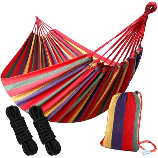 Afbeelding van HSXL Dubbele Hangmat Rood met Touwen - 1 of 2 Persoons - Lig Oppervlak 190x150cm - Lengte 260cm - 5d26 a6ab