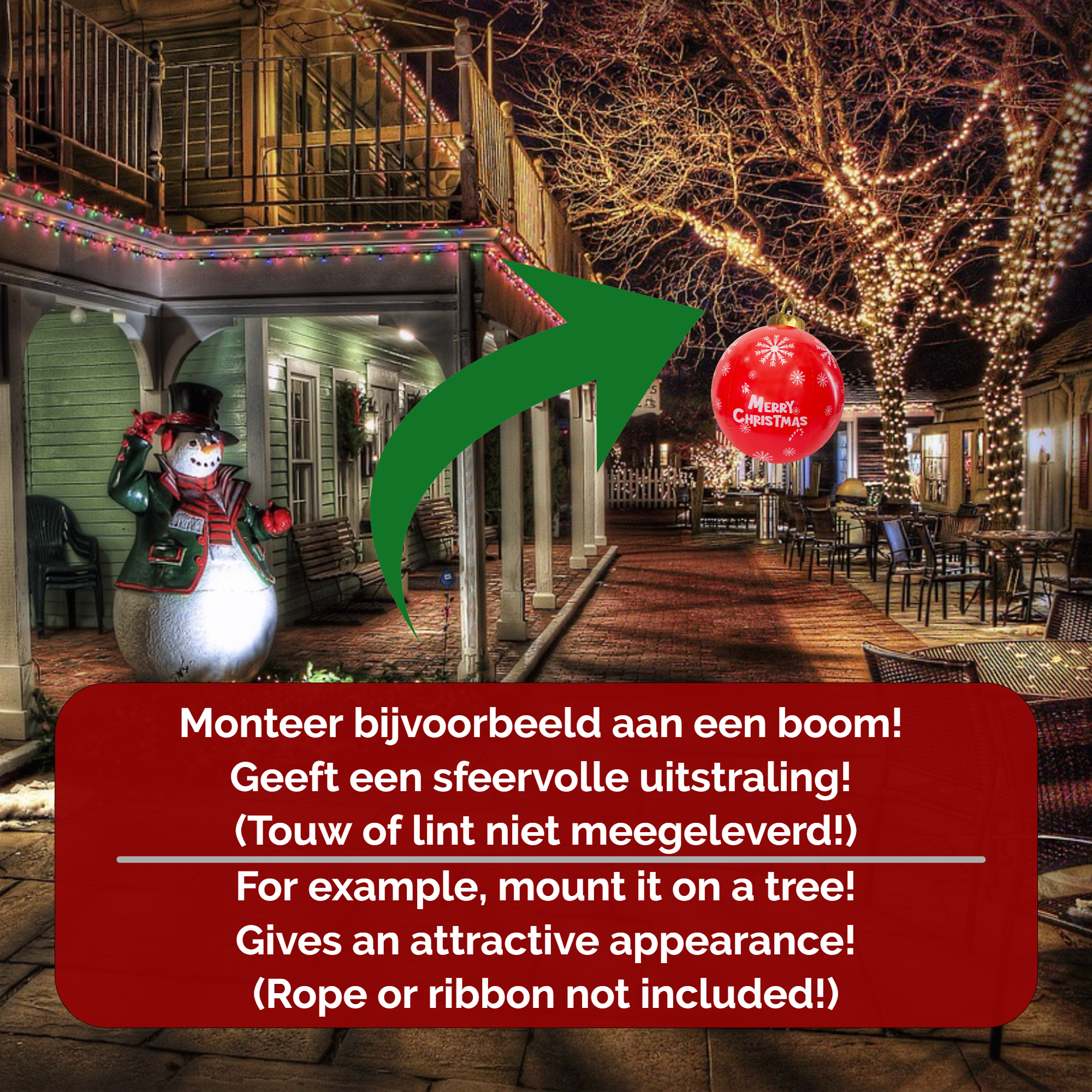 Afbeelding van Kerstverlichting Buiten op Batterijen - Opblaasbare Reuze Kerstbal Verlicht 60 cm - Rood/Wit - RGB kleuren +