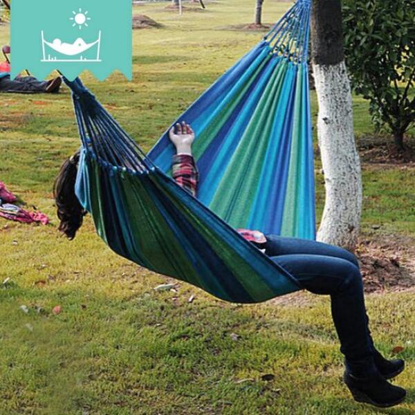 Afbeelding van Hangmat voor 2 personen 150x200cm in sterk katoen max 200kg inclusief bevestigingstouw - Budgetline - 61b5