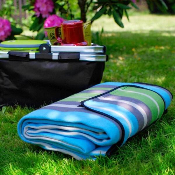 Afbeelding van Promis - Picknickkleed Waterdicht - 200 x 150 cm - Groen / Blauw / Grijs gestreept - met handvat - 61cc 9ace