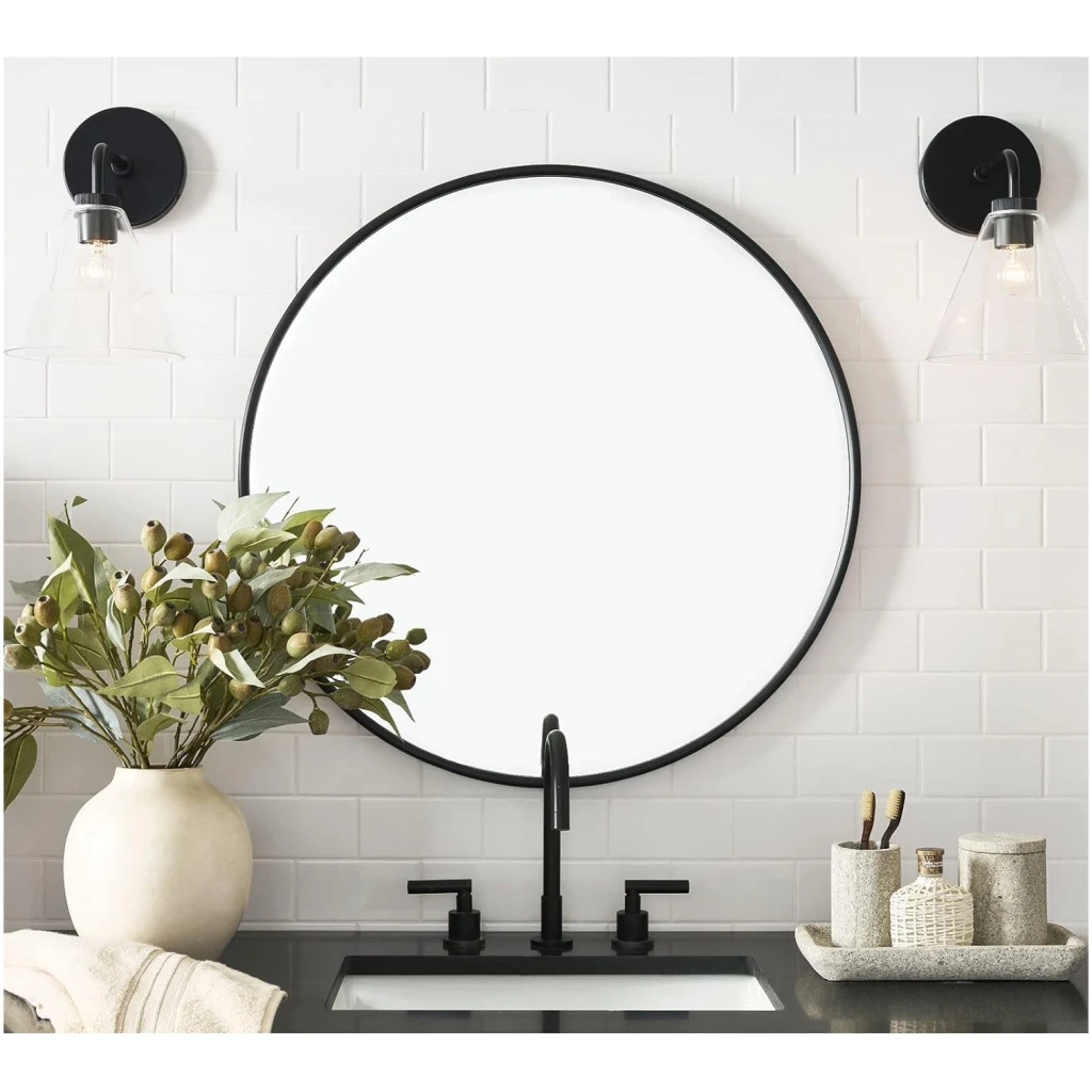 Afbeelding van HSXL - Spiegels - Luxe Ronde Spiegel Zwart - 60 cm Groot - Grote Wandspiegel 60cm Rond met Zwarte Rand -