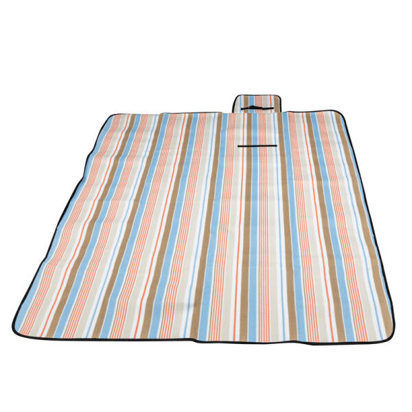 Afbeelding van Picknickkleed Waterdicht - 170 x x135 cm - Bruin / Blauw / Wit gestreept - Strandkleed met Handvat -