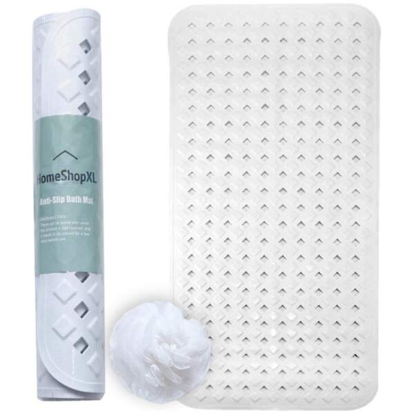 Afbeelding van HSXL - Antislipmat - 88x40CM - Incl. Netspons - Antislip Douchemat / Badmat Wit met Zuignappen – Mat voor
