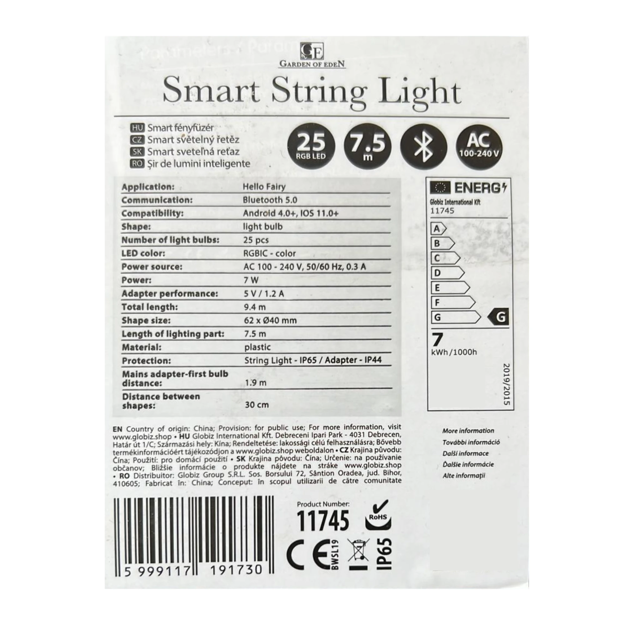 Afbeelding van Garden of Eden - Lichtsnoer voor Binnen of Buiten op Netstroom - Multicolour - 7.5m - met App en Bluetooth