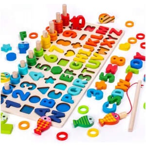Afbeelding van Visjes Vangen Spel met Letter Puzzel en Telraam - Houten Educatief speelgoed - Vissen vangen Hout - Leren