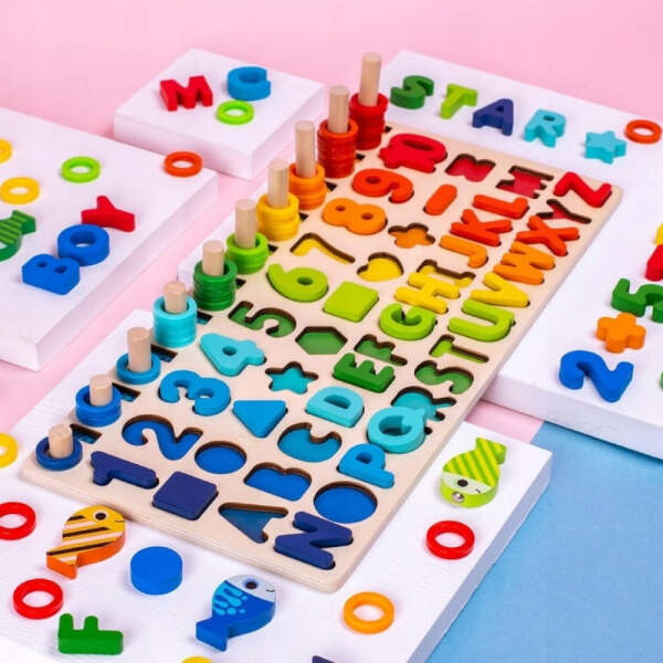 Afbeelding van Visjes Vangen Spel met Letter Puzzel en Telraam - Houten Educatief speelgoed - Vissen vangen Hout - Leren
