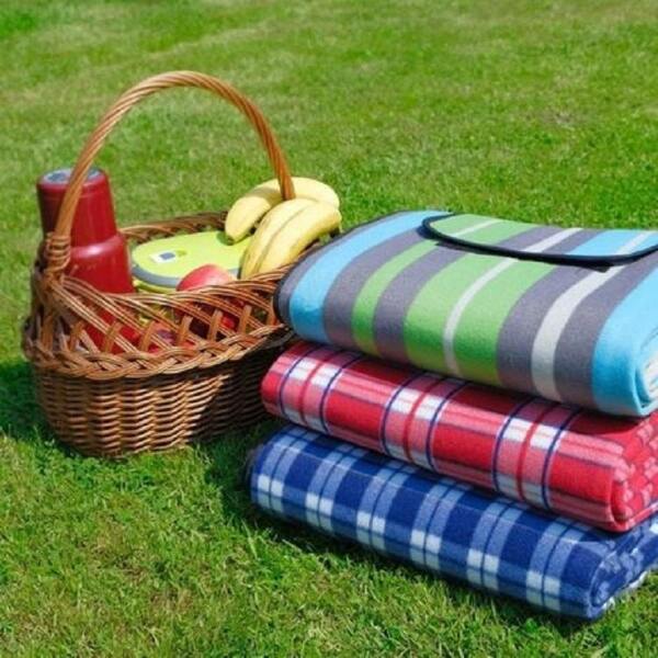 Afbeelding van Promis - Picknickkleed Waterdicht - 200 x 150 cm - Groen / Blauw / Grijs gestreept - met handvat - 7762 c596