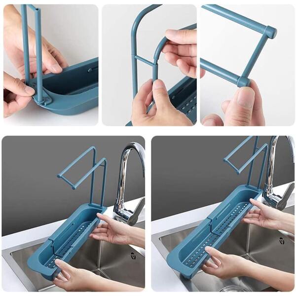 Afbeelding van Wasbak Rek - Vaatdoekhouder Gootsteen Organizer - Blauw - Uitschuifbaar 36 tot 50 cm - Kunststof - Afwas