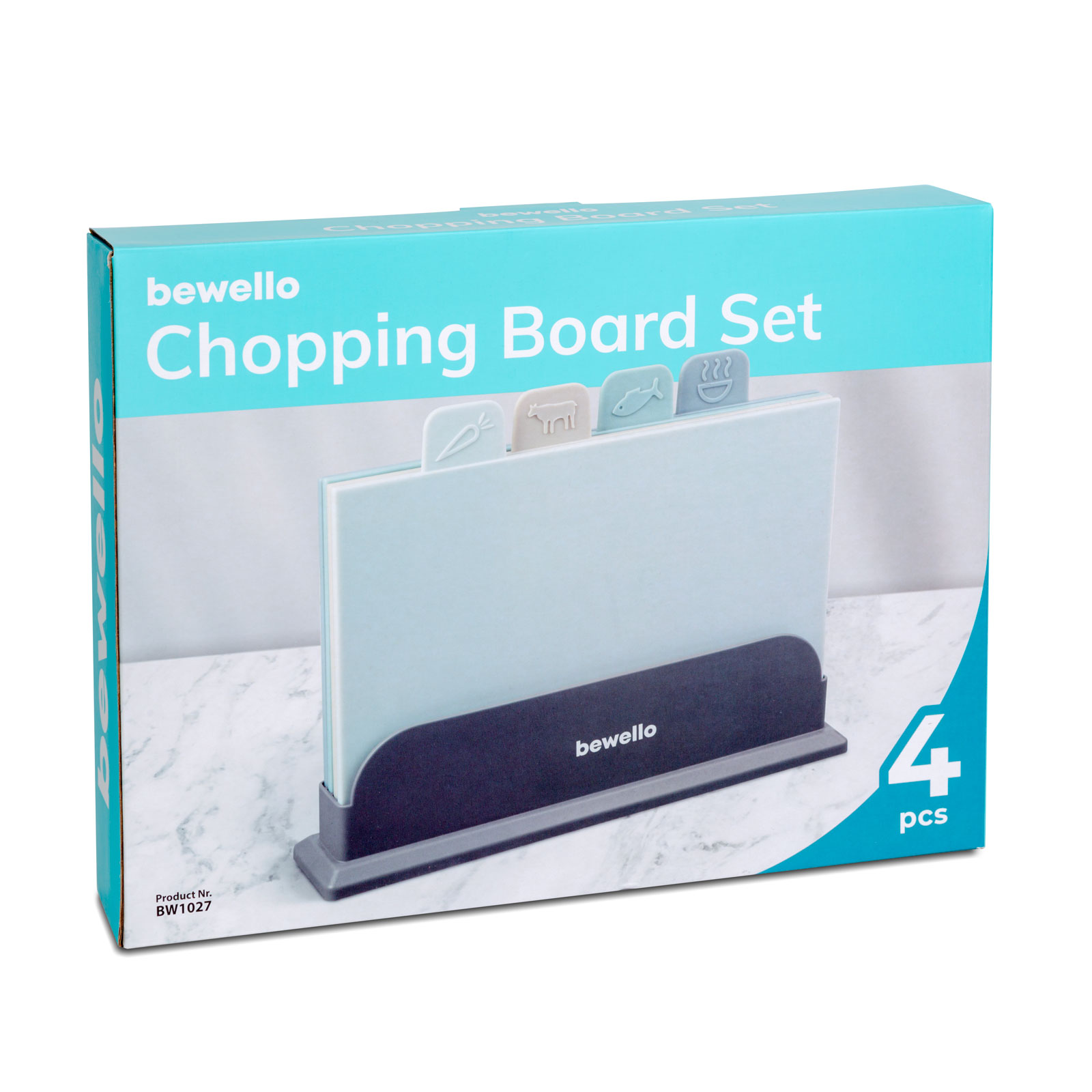 Afbeelding van Bewello - 4-delige Snijplankenset met Houder in Grijs, Beige, Blauw en Groen - Snijplank Kunststof - 8676
