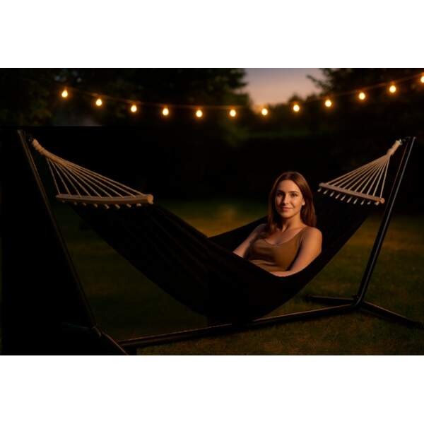 Afbeelding van HSXL Dubbele Hangmat Zwart met Spreidstok en Touwen - 1 of 2 Persoons - Lig Oppervlak 190x150cm - Lengte