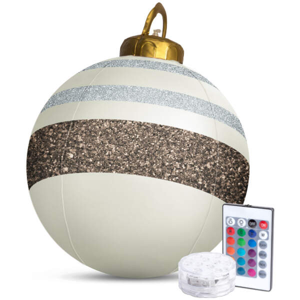 Afbeelding van Kerstverlichting Buiten op Batterijen - Opblaasbare Reuze Kerstbal Verlicht 60 cm - Wit/Bruin - RGB kleuren +