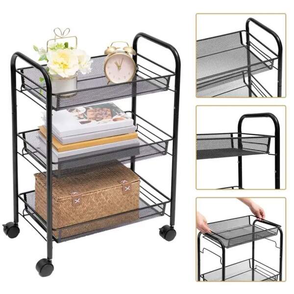 Afbeelding van Keukentrolley op wieltjes - Trolley Serveerwagen - Keukentrolley - 3 lagen - Zwart - 44x26x64 cm - 8d85 5775