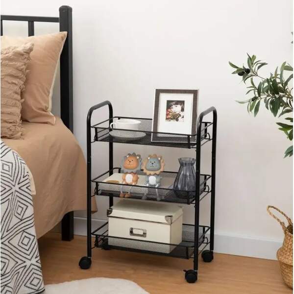 Afbeelding van Keukentrolley op wieltjes - Trolley Serveerwagen - Keukentrolley - 3 lagen - Zwart - 44x26x64 cm - 987f 5395