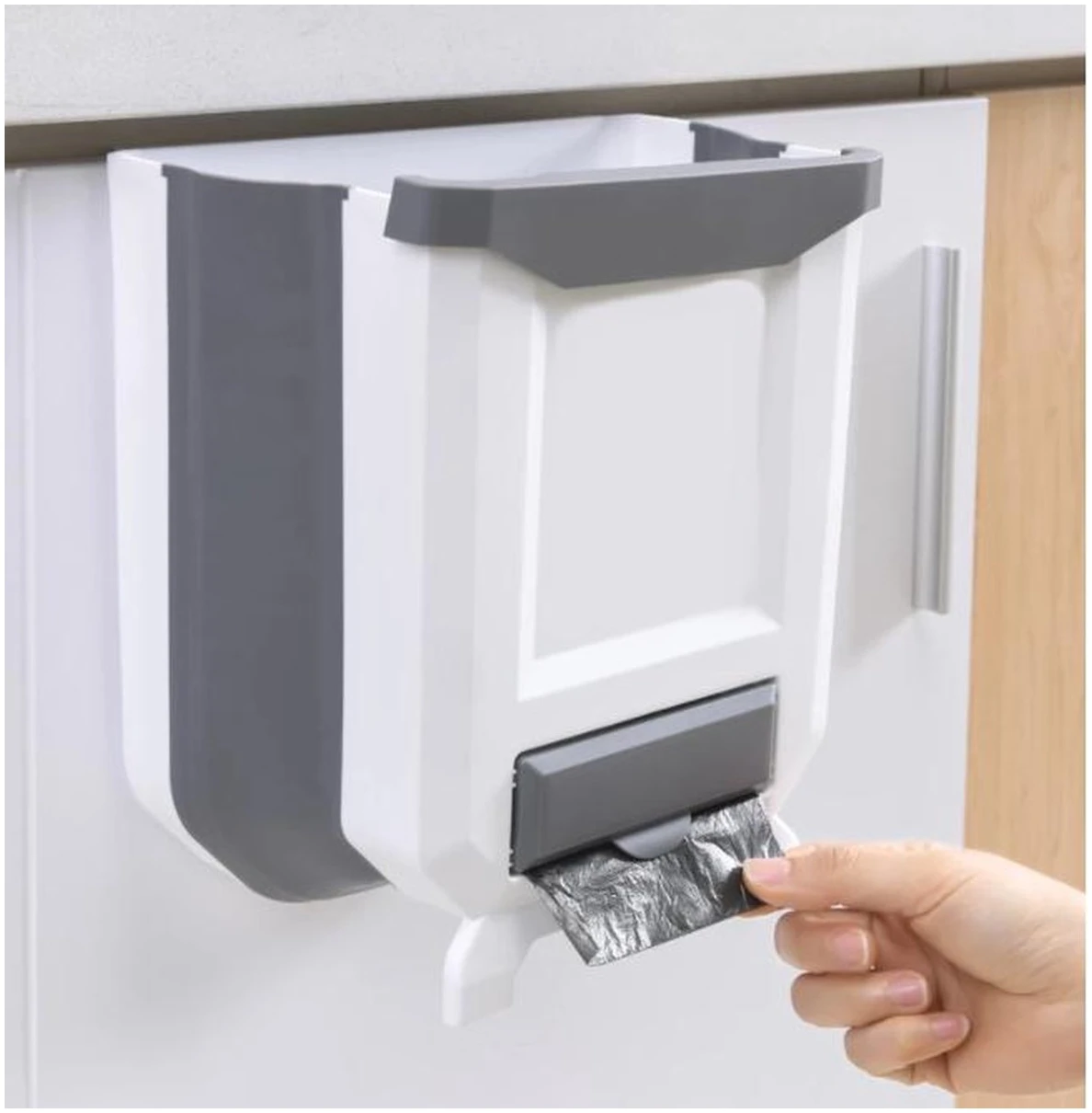 Afbeelding van Inbouw Prullenbak Hangend voor Keukenkast - Opvouwbaar - Hangende Prullebak voor Auto of Kastdeur - Wit -