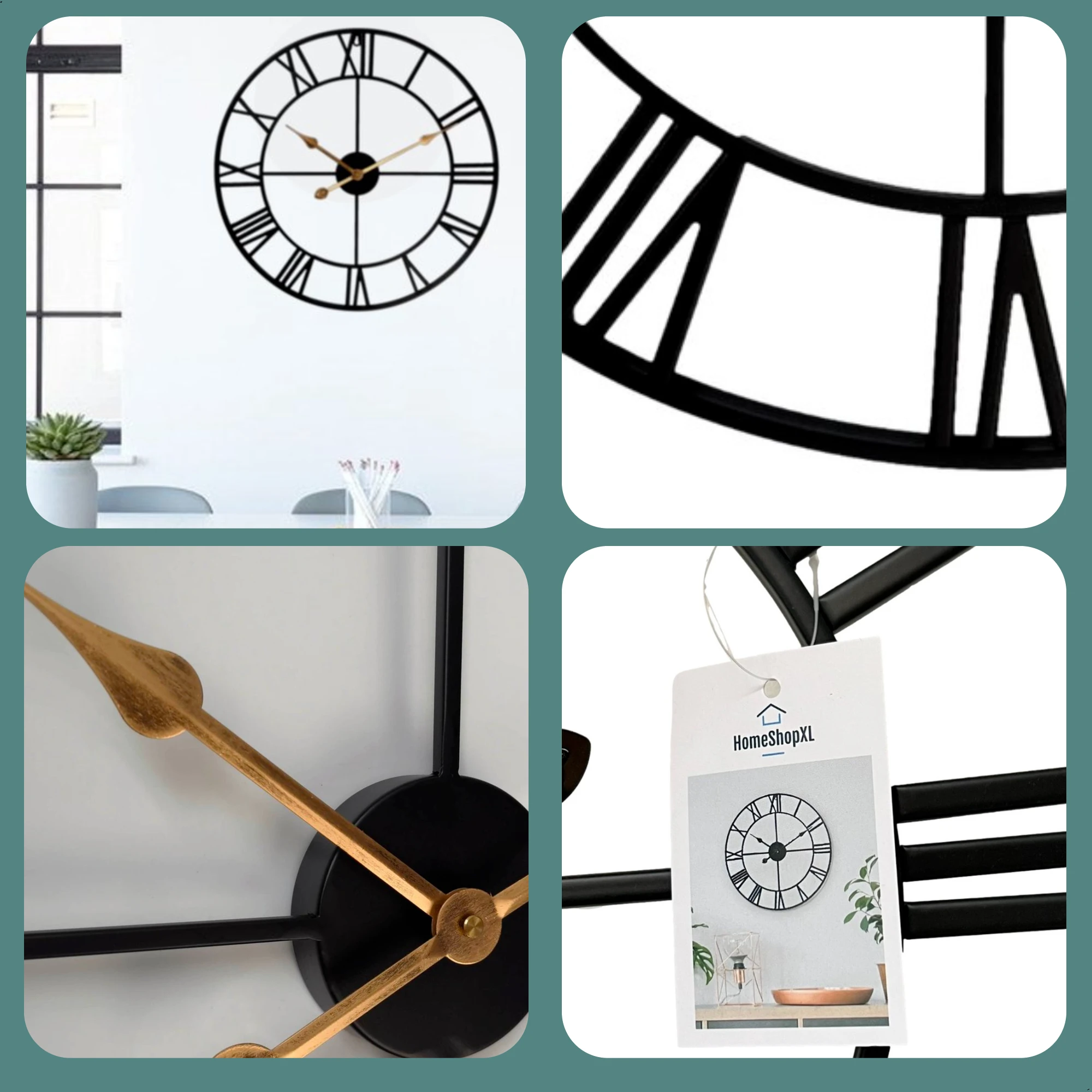 Afbeelding van HSXL - 60cm Grote Stille Wandklok Landelijk en Industrieel uit Zwart en Goud Metaal - Groot - 60 cm - Metalen