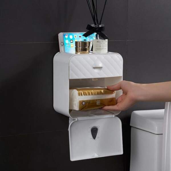 Afbeelding van Bewello® - WC Rolhouder - Toiletrolhouder - Zelfklevend WC Kastje - Wit met Grijs - 205 x 125 x 220 mm -