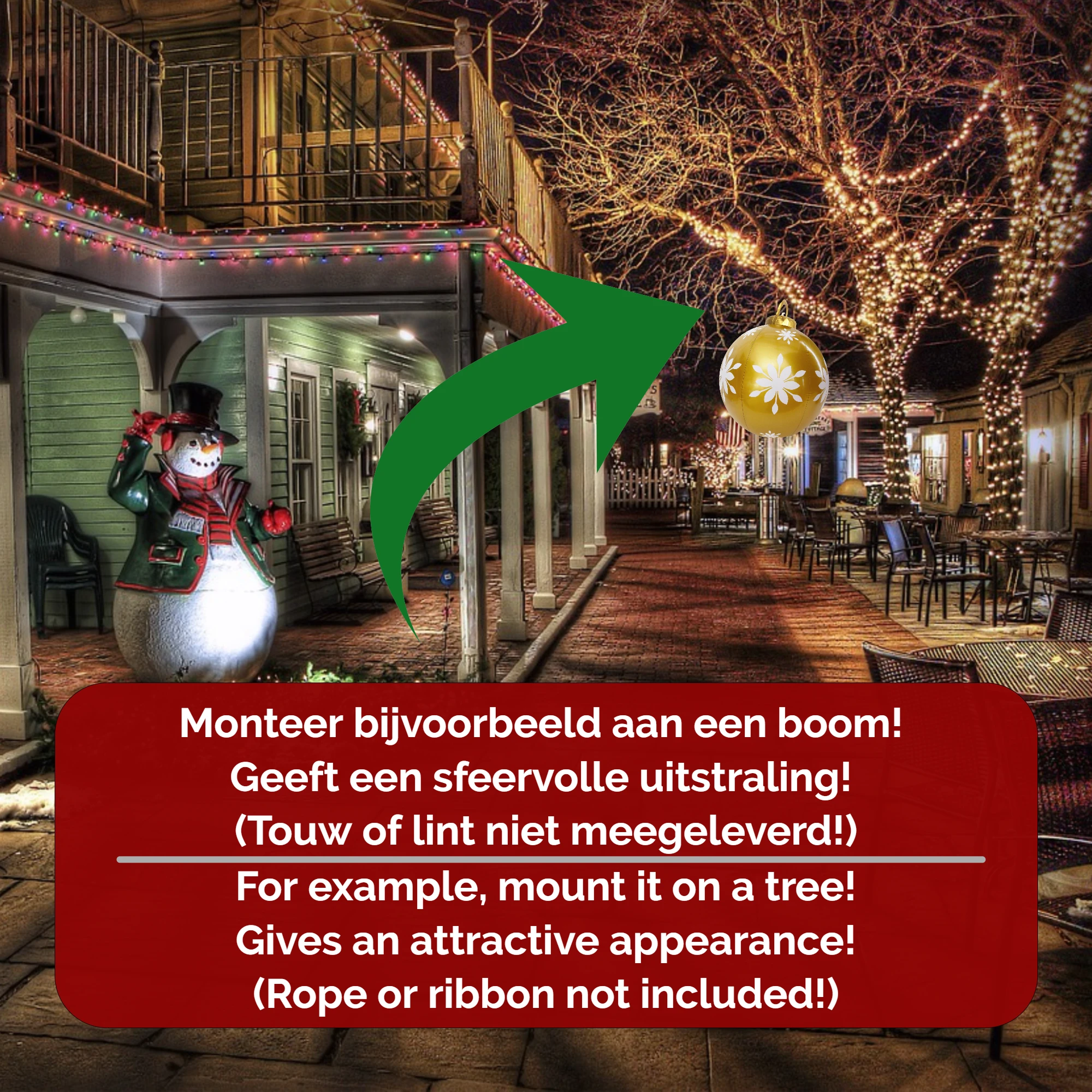 Afbeelding van Kerstverlichting Buiten op Batterijen - Opblaasbare Reuze Kerstbal Verlicht 60 cm - Goud/Wit - RGB kleuren +