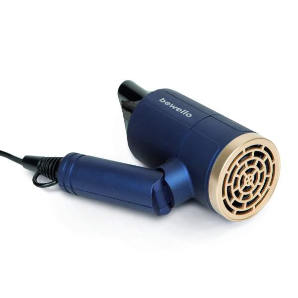 Afbeelding van Bewello - Compacte Föhn - Reis Haardroger - Blauw/Goud - Draaibare mond - Lichtgewicht - 2 Droogstanden -