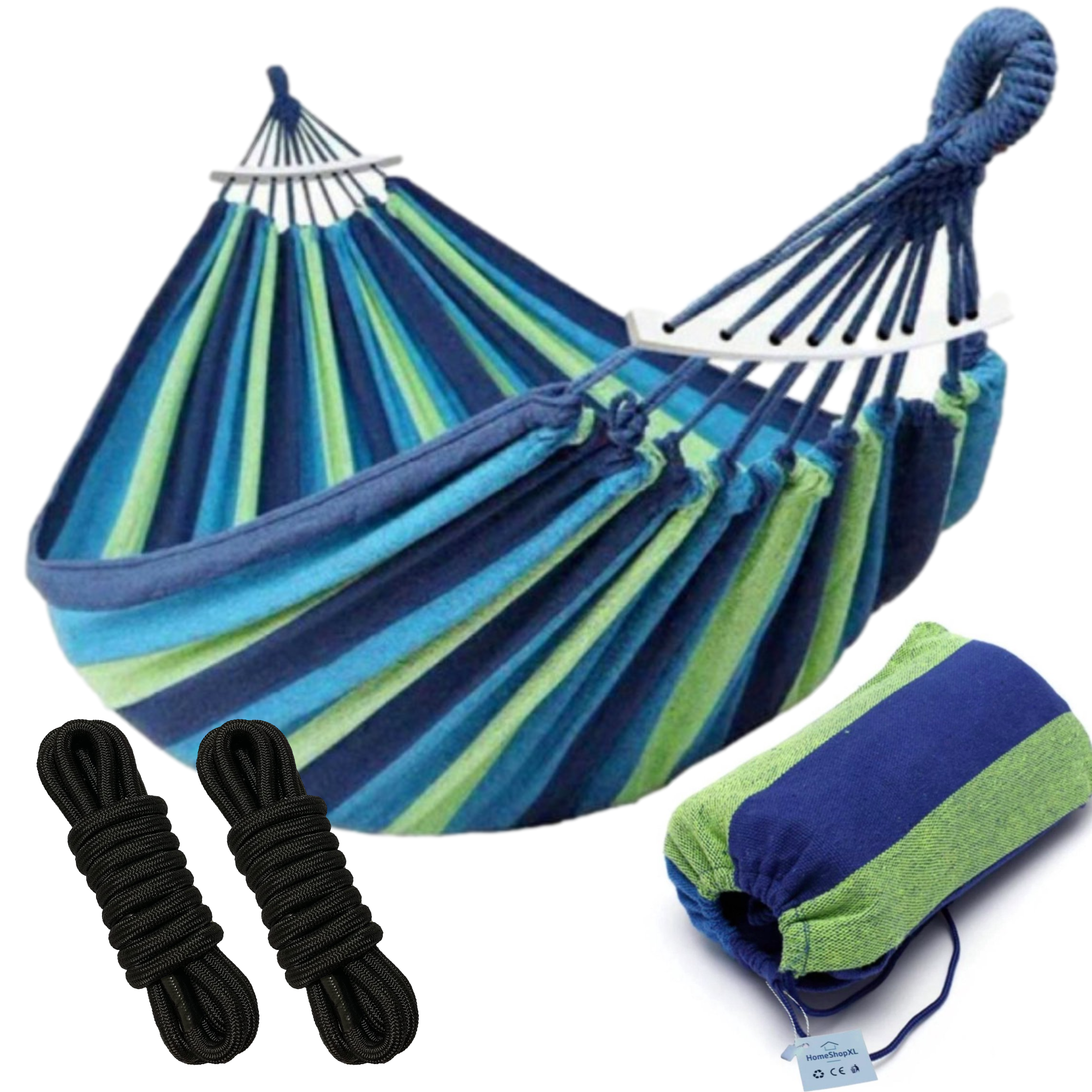 Afbeelding van HSXL Dubbele Hangmat Blauw met Spreidstok en Touwen - 1 of 2 Persoons - Lig Oppervlak 190x150cm - Lengte