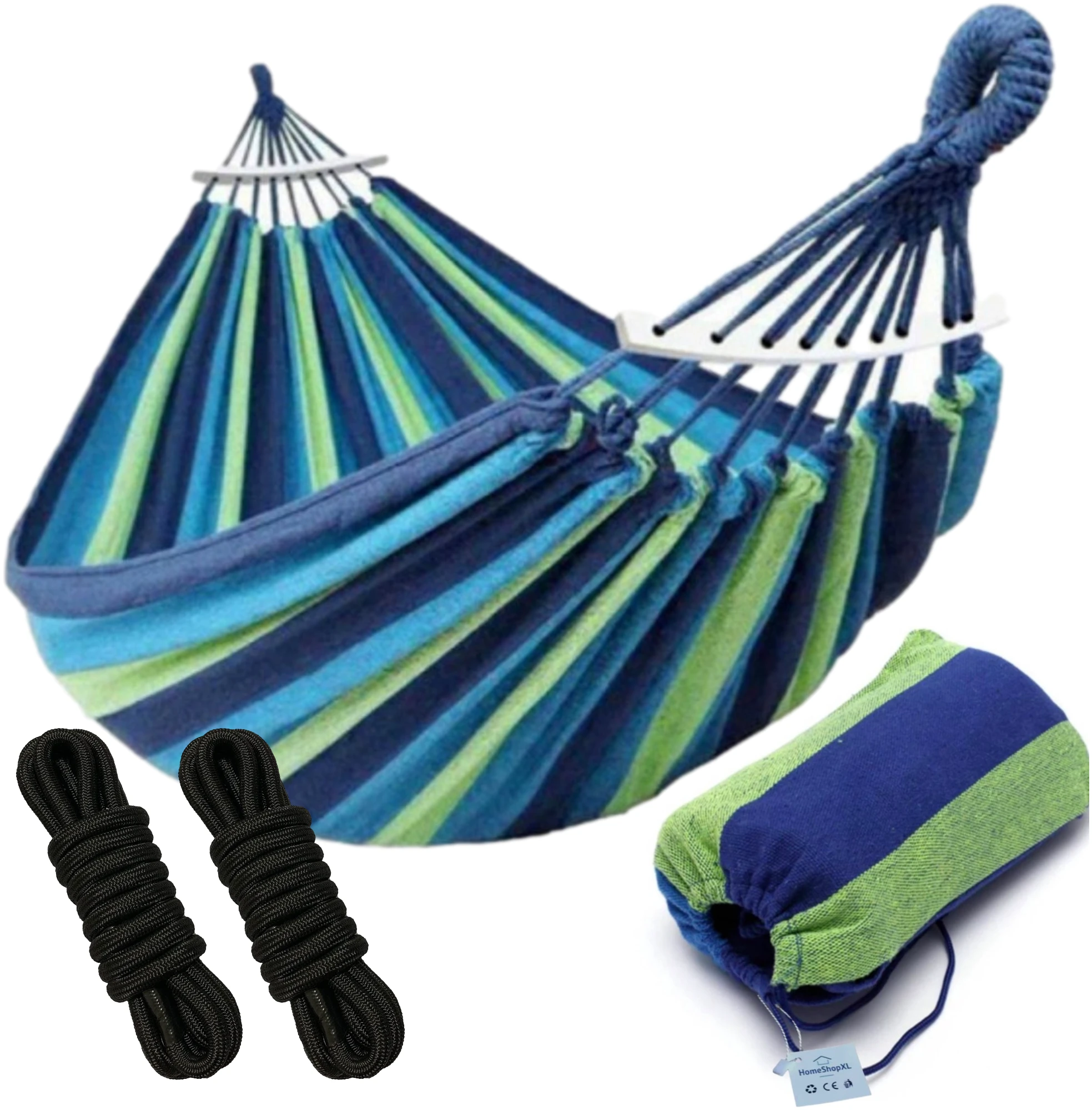 Afbeelding van HSXL Dubbele Hangmat Blauw met Spreidstok en Touwen - 1 of 2 Persoons - Lig Oppervlak 190x150cm - Lengte