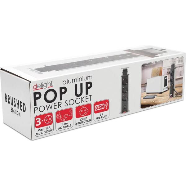 Afbeelding van DELIGHT - Inbouw Pop-Up Tafelblad Stekkerdoos met 2X USB en 3 Stopcontacten - Zilver - a97d 3007 4d40 aed8