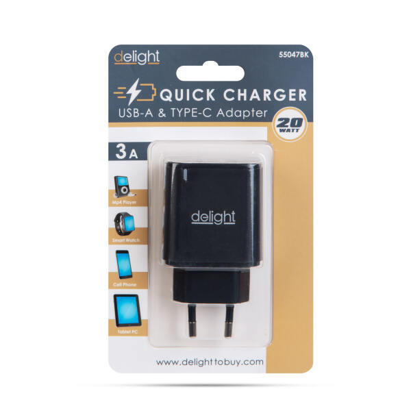 Afbeelding van Dubbele USB Stekker Oplader met 2 poorten PD20W - Zwart - Snellader - USB A & USB C Lader - Oplaadblok -
