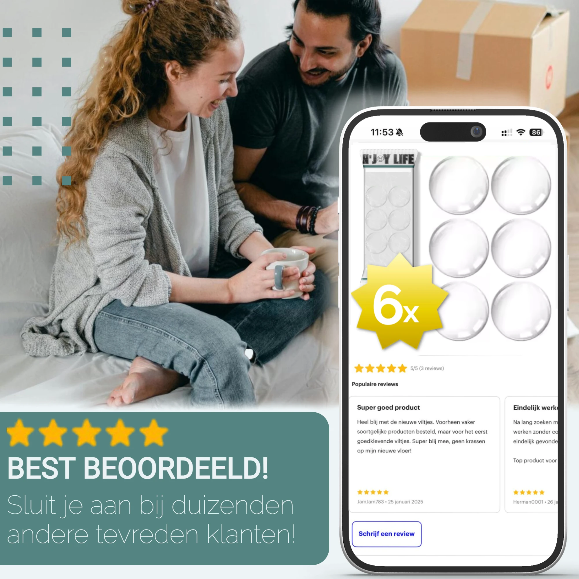 Afbeelding van 6x N'JOY LIFE Zelfklevende Deurstopper 40mm – Grote Transparante Stootdopjes voor Deurbescherming