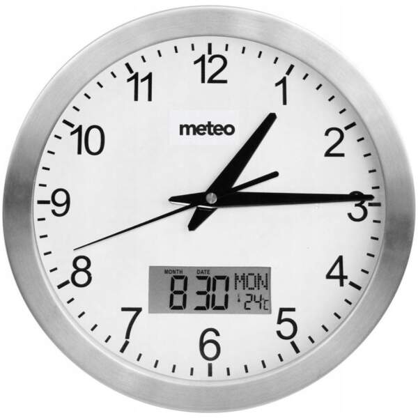 Afbeelding van Moderne Wandklok - Weerklok met Stil uurwerk - Kantoorklok met Temperatuurmeter - Zilver / Wit - Digitaal