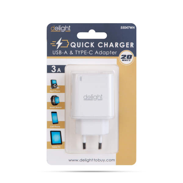 Afbeelding van Dubbele USB Stekker Oplader met 2 poorten PD20W - Wit - Snellader - USB A & USB C Lader - Oplaadblok -