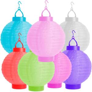 Afbeelding van Set van 7 - Gekleurde Lampionnen Feest Versiering – op Batterijen - Decoratie Slinger – Leuk voor Happy