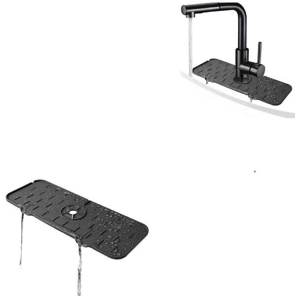 Afbeelding van HSXL - Kraanmat Zwart - Siliconen - 36.5 x 14 cm - Vaatwasbestendig - Streepjes patroon - Afdruipmat voor
