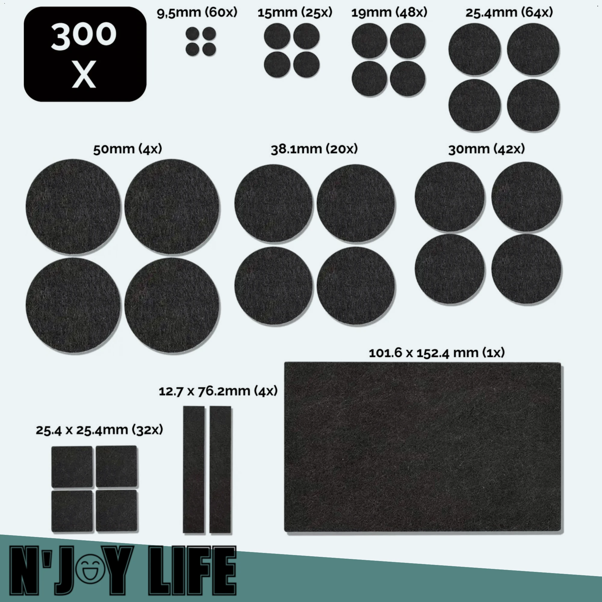 Afbeelding van 300x N'JOY LIFE Premium Viltjes Stoelpoten - Zwart - Zelfklevend Anti Kras Meubelvilt voor Meubels - 300