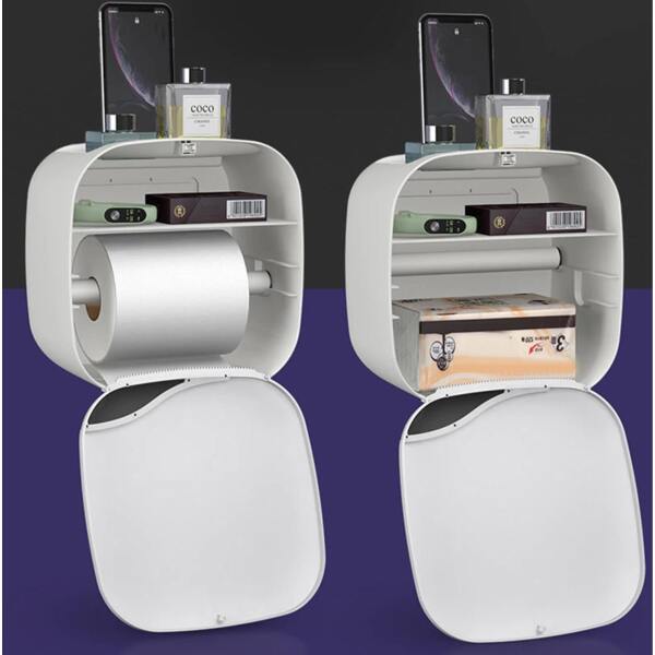 Afbeelding van Bewello® - WC Rolhouder - Toiletrolhouder - Zelfklevend WC Kastje - Wit met Grijs - 200 x 130 x 205 mm -