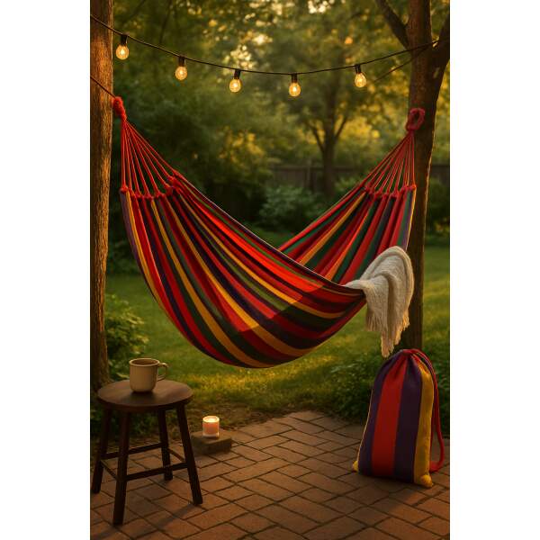 Afbeelding van HSXL Dubbele Hangmat Rood met Touwen - 1 of 2 Persoons - Lig Oppervlak 190x150cm - Lengte 260cm - c291 f288