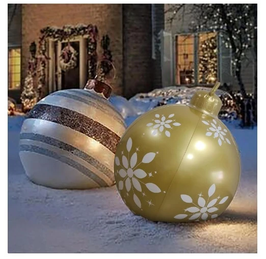 Afbeelding van Kerstverlichting Buiten op Batterijen - Opblaasbare Reuze Kerstbal Verlicht 60 cm - Goud/Wit - RGB kleuren +