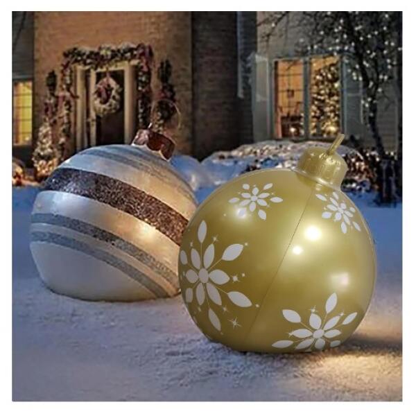 Afbeelding van Kerstverlichting Buiten op Batterijen - Opblaasbare Reuze Kerstbal Verlicht 60 cm - Wit/Bruin - RGB kleuren +