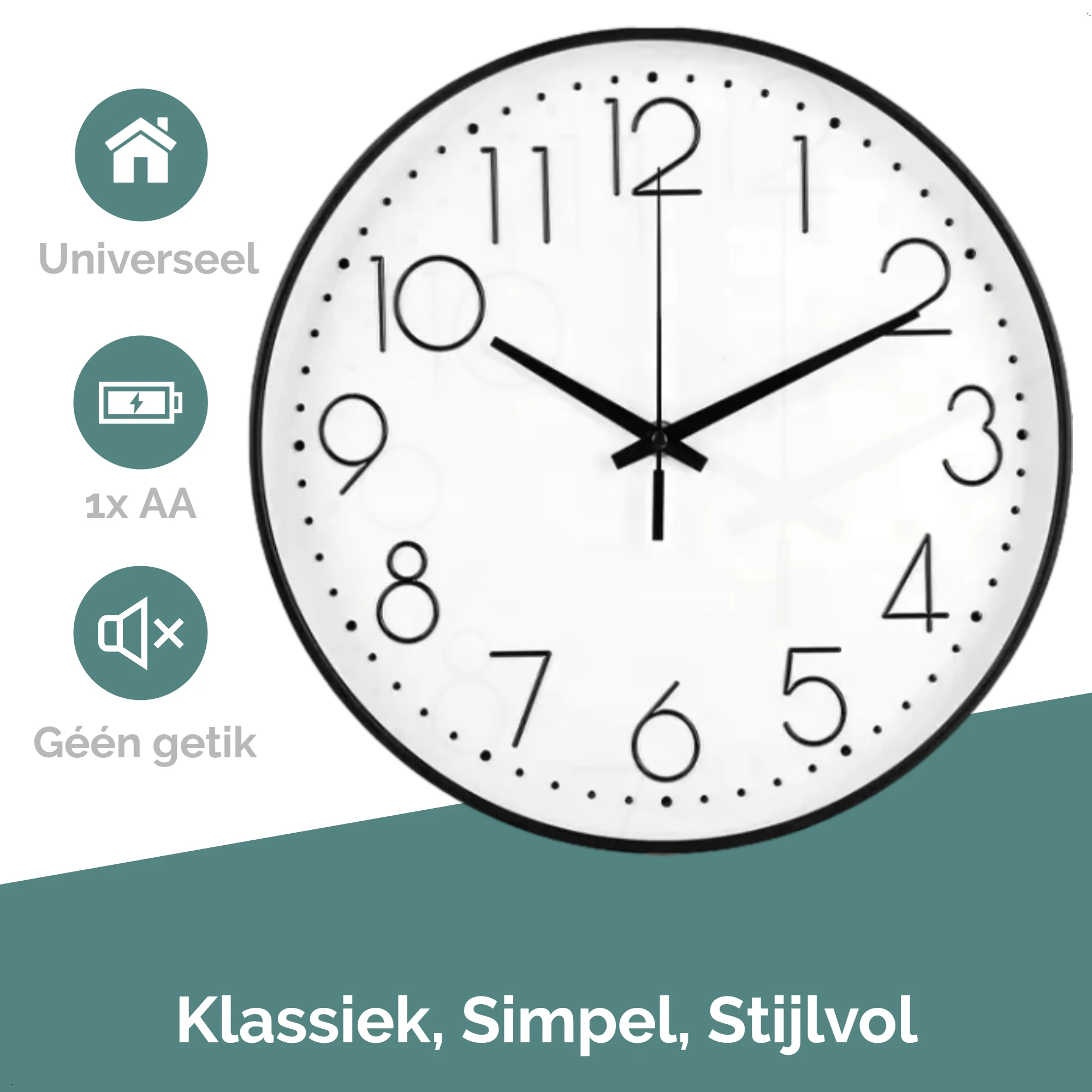 Afbeelding van HSXL - Kleine 30cm Design Wandklok met Stil Quartz Uurwerk - Zwart / Wit - HSM001 - Analoog - Klok Modern -