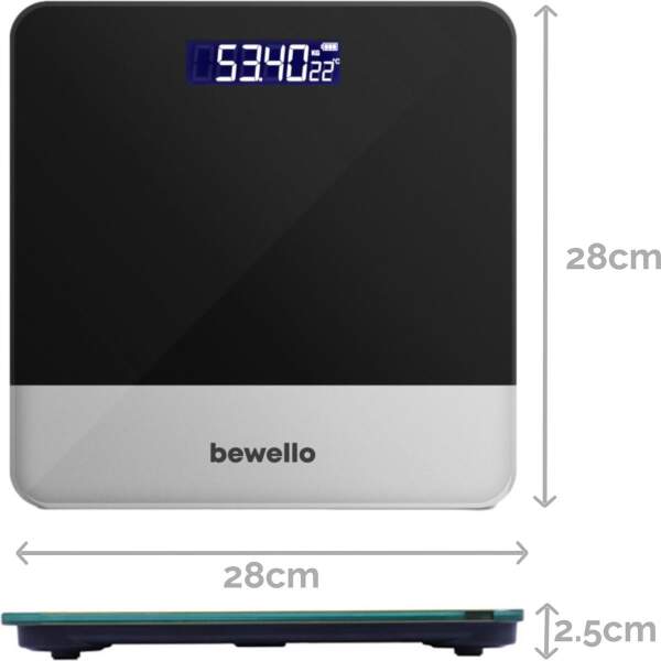 Afbeelding van Bewello - Weegschalen - Weegschaal Personenweegschaal Digitaal - Gehard Glas - Zwart met Zilver - max. 180KG