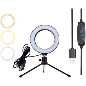Afbeelding van Ringlamp met statief voor op Tafel of Bureau - 16cm - Zwart - 6,5W -3 kleuren licht - DImbaar - USB stekker