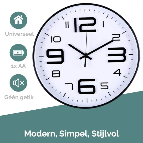 Afbeelding van HSXL - Kleine 30cm Design Wandklok met Stil Quartz Uurwerk - Zwart / Wit - HSM002 - Analoog - Klok Modern -