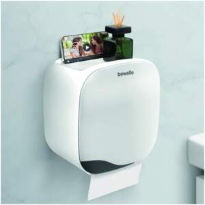 Afbeelding van Bewello® - WC Rolhouder - Toiletrolhouder - Zelfklevend WC Kastje - Wit met Grijs - 200 x 130 x 205 mm -