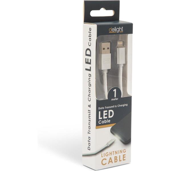 Afbeelding van iPhone Lightning Kabel 1 Meter - Oplaadkabel USB Wit / Zilver - met LED verlichting - Nylon Kabel - d276 a54c